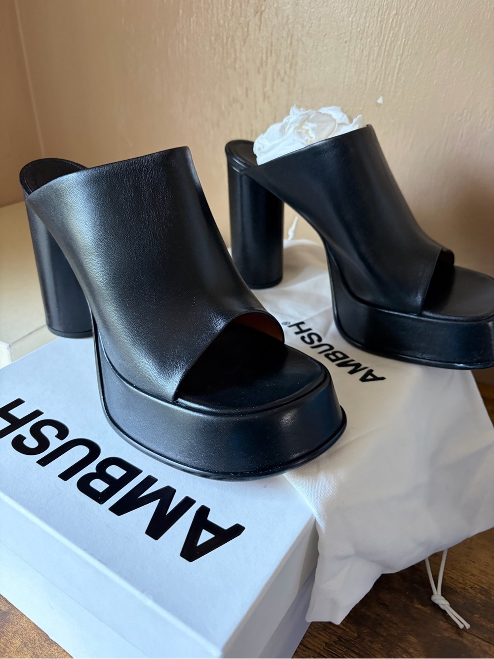 Black Leather Platform Mule Heels